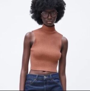 Zara High Mock Neck Ribbed Women's Sleeveless Ribbed Coral Tan Top